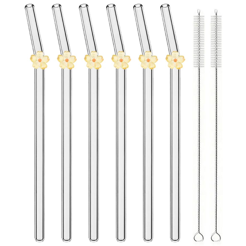 6pcs Flower Drinking Straw Set High Borosilicate Glass Bent Straws Set with Brush Milk Shake Coffee Cocktail Straw Bar Drinkware