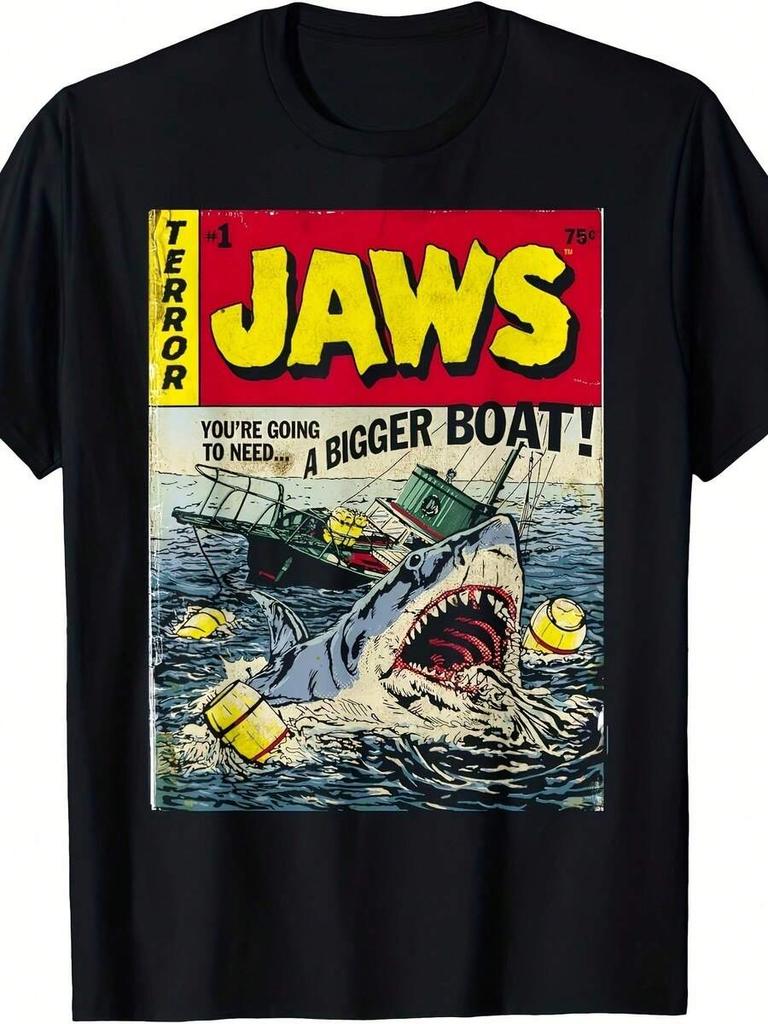 Унисекс Ретро Футболка с рисунком Акулы из Комиксов Jaws