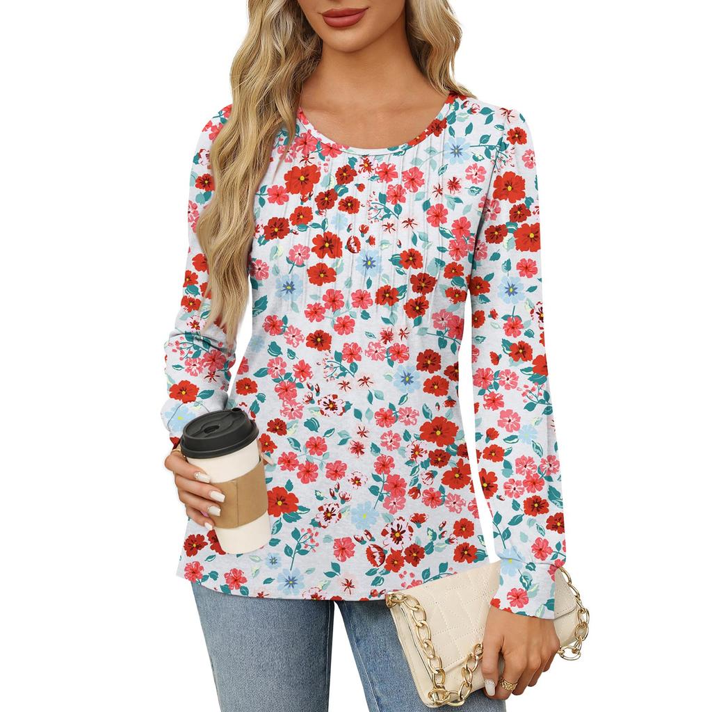 Рубашки с длинным рукавом для женщин, футболки с милым принтом и графикой, блузки, нарядные повседневные блузки, плиссированные топы-туники с овальным вырезом