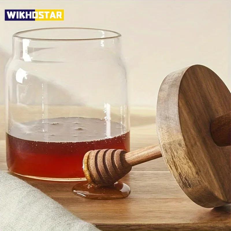 Glass Honey Jar With Wooden Stirring Stick High Borosilicate Glass Honey Divided Bottle Transparent Premium Honey Jar Kitchen