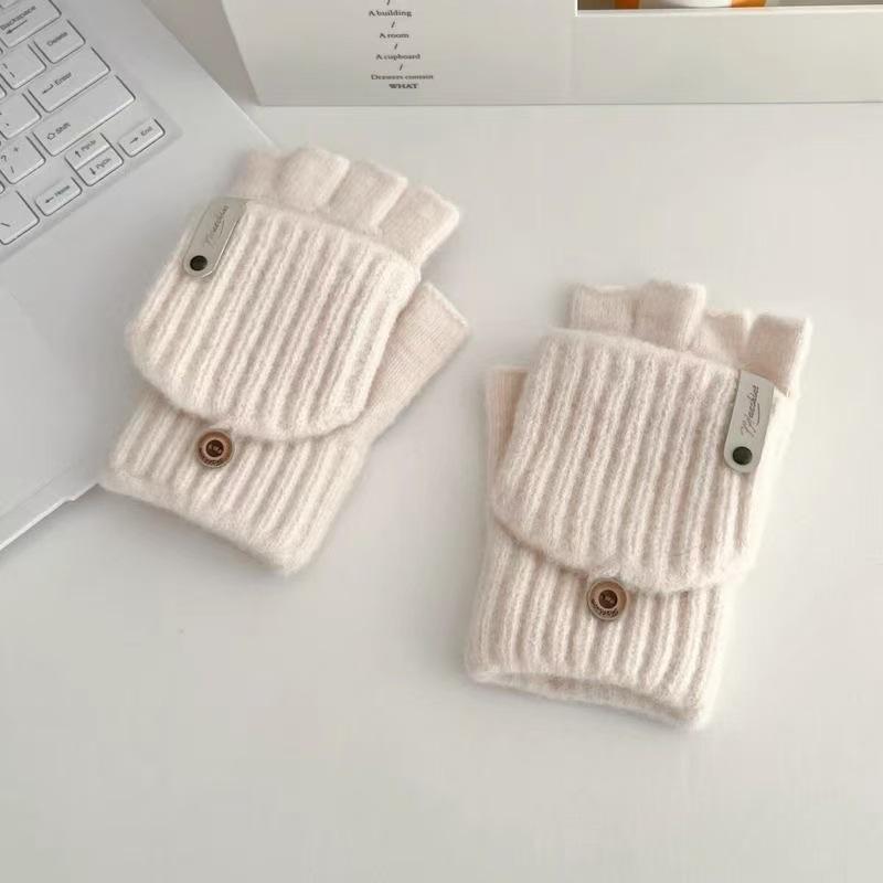 Women's Autumn/Winter Half-Finger Plush Flip Gloves: Warm Knitted, Cold-Proof, Cycling, Touchscreen Compatible