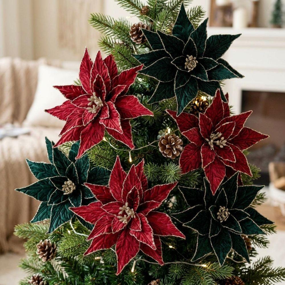 Handmade Flocked Poinsettia Floral 3 Layer Fake Flowers Pick Photo Props