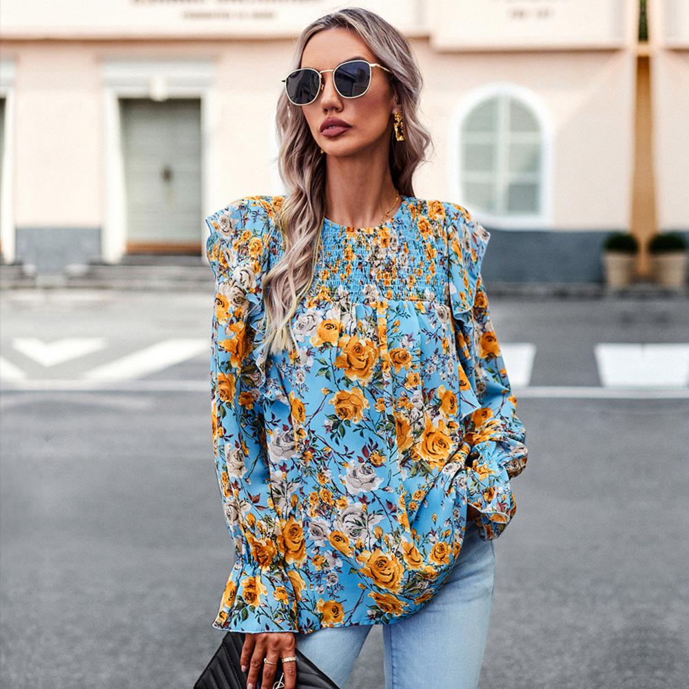 Женская осенне-зимняя рубашка с круглым вырезом и оборками, рукавами-фонариками, цветочная рубашка с принтом, топы