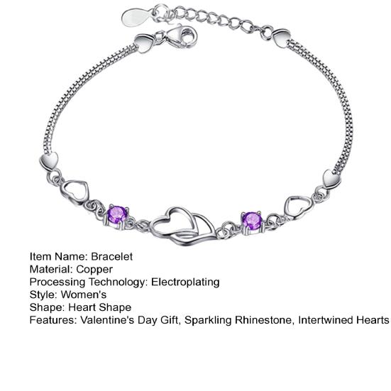 Intertwined Hearts Bracelet Copper Alloy Bracelet with Rhinestone Female Wrist Jewelry Valentine's Day Anniversary Gift for Her Girlfriend Wife