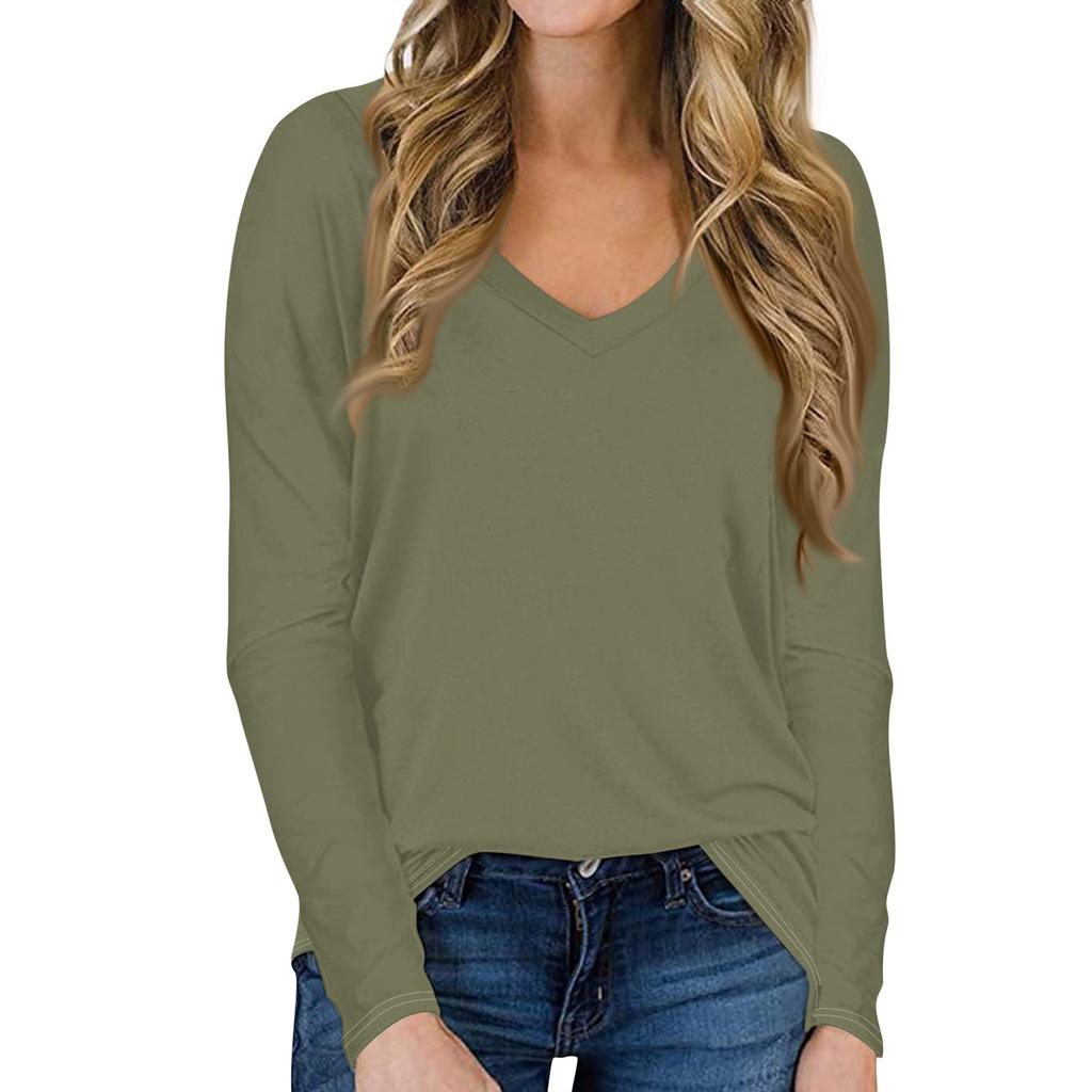 Женская повседневная однотонная футболка с длинными рукавами и V-образным вырезом, топ, пуловер