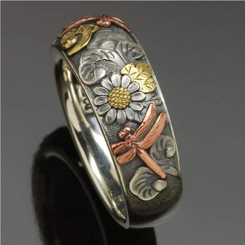 Аксессуары: Винтажные узоры с гравировкой, Кольца с изображением стрекозы и цветка, Модные кольца, Геометрические элементы, Модный стиль для поездок на работу