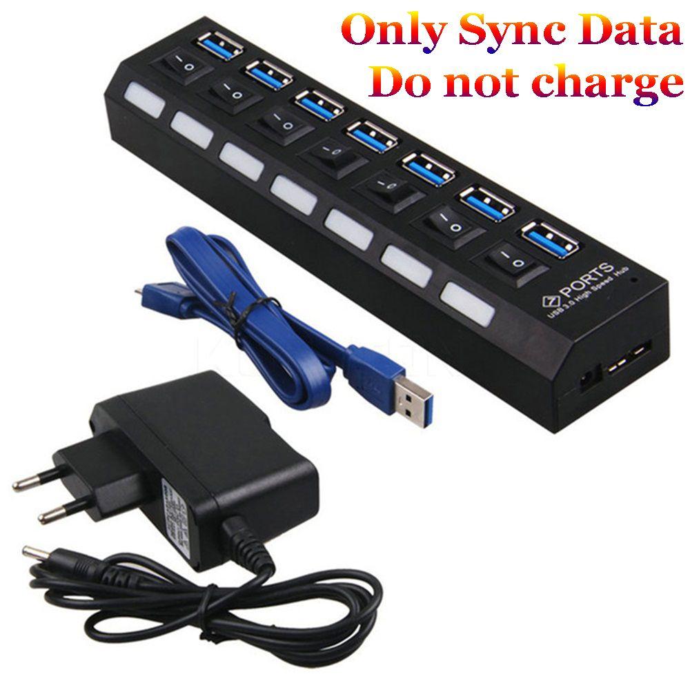 Sync Data Converter Splitter 5Gbps High Speed 4/7 Port USB 3.0 Hub AC Power Adapter on/Off Switches