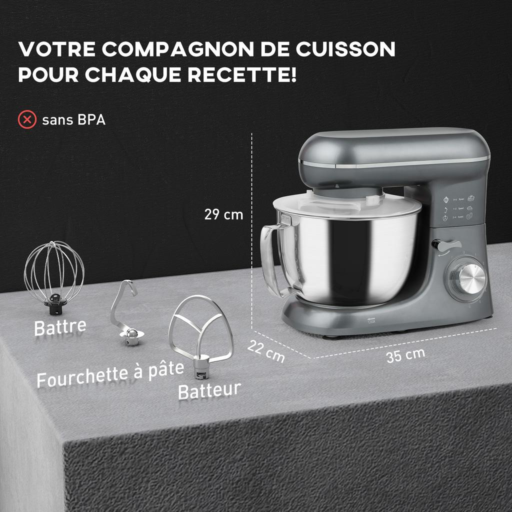 Stand Mixer 1300 W, Professional Kneading Mixer 4.5 L, Stainless Steel Bowl, 6+P Speeds and Pulse, Silver