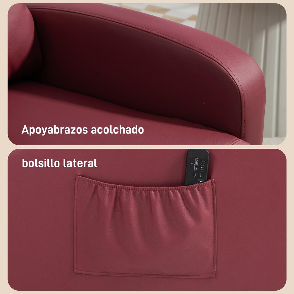 Reclining Massage Chair, Remote, Side Pocket, Timer, PU, 68 x 88 x 98 cm, Burgundy Red