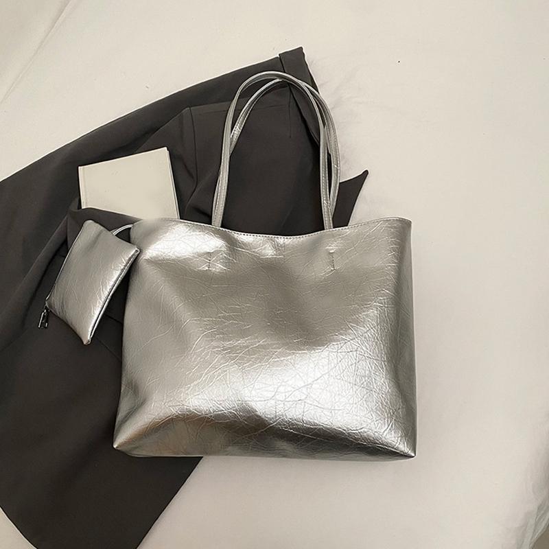 Женская сумка через плечо из ПУ кожи серебристого цвета, простой дизайн, высококлассная рабочая сумка для поездок, большая вместительная сумка-тоут с кошельком CLE