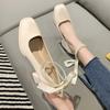 2024 New Women's High Heels Bow Tie Thick Heel Square Toe Womens Shoes Shallow Mouth Mary Jane Shoes Fashion Party Shoes Zapatos