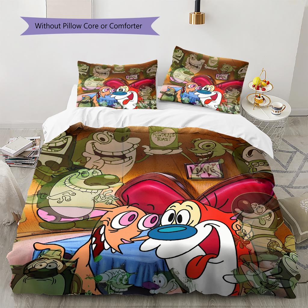 Ren & Stimpy Pattern Bedding Quilt Set Home Decoration Gift (1 * duvet cover + 2 * pillowcase without core)