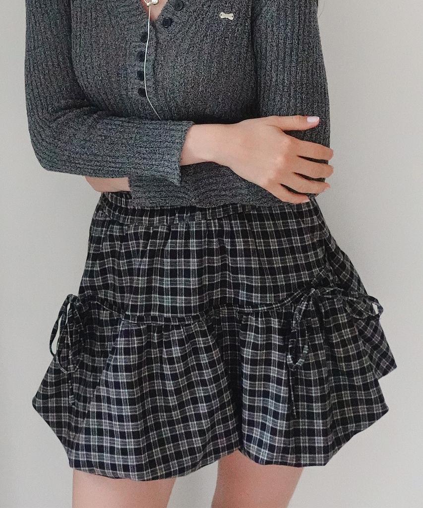 Cool Kitten Ribbon Plaid Balloon Skirt