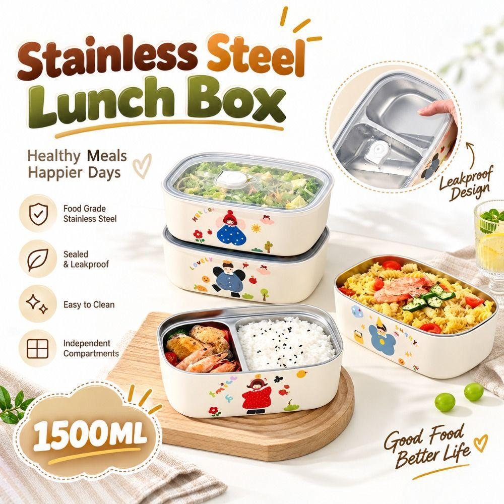 1500ML Meal Container Clear Lid Food Storage Container Stainless Steel Lunch Box Daily Meal Prep
