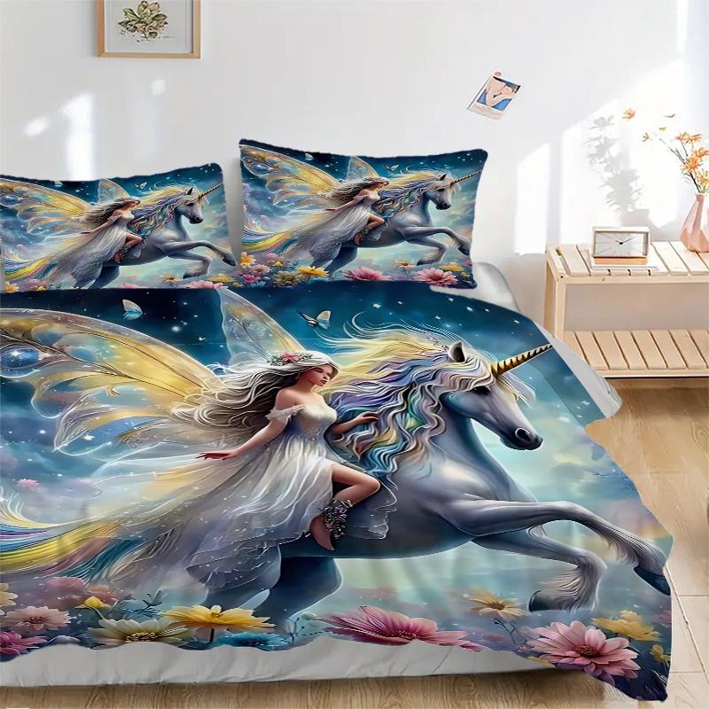3pcs Fantasy Unicorn Fairy Bedding Set - Includes One Quilt Cover and Two Pillowcases (No Core) - Anime Cartoon Design, Perfect for Bedroom and Guest