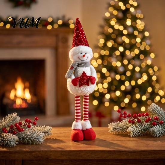 Festive Party Supplies Christmas Plush Snowman with Extendable Legs, Sequins Hat Holding Star Decor Doll, Standing Long Legs Xmas Decoration