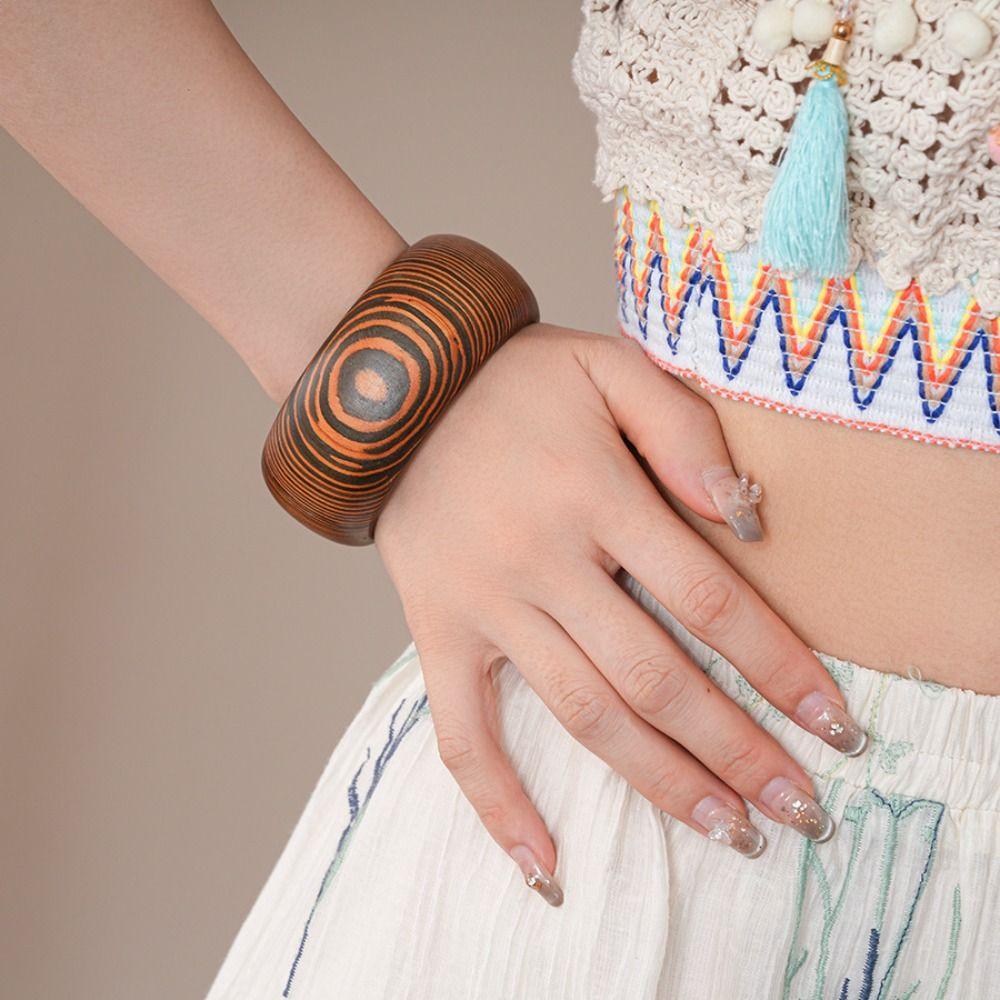 Europe American Style Wood Wide Bangle Minority Design Retro Hand Ring Women