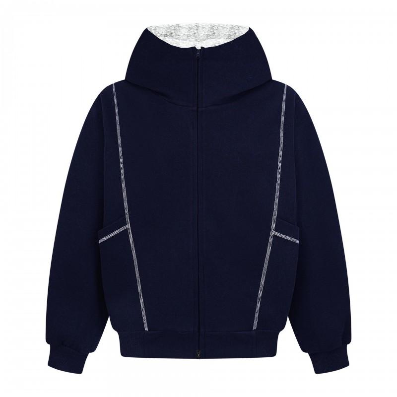 Unisex Oversized High Neck Zip-Up Hoodie With Contrast Color Panels Embroidered Lettering Cotton Blend Streetwear Sweatshirt