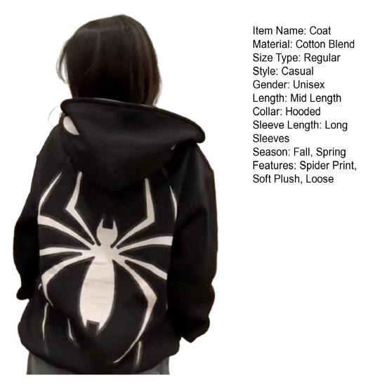 Пальто унисекс с принтом паука в темном стиле панк, костюм унисекс на Хэллоуин, хип-хоп, мягкое плюшевое пальто на молнии с длинными рукавами и капюшоном, зимне-осеннее пальто