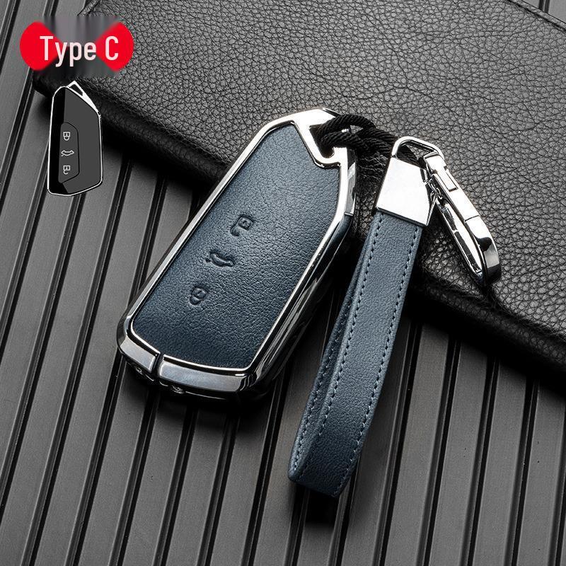 Volkswagen/Skoda Double-Sided Leather Zinc Alloy Car Key Case - Non-Signal Blocking, Full-Wrap Design