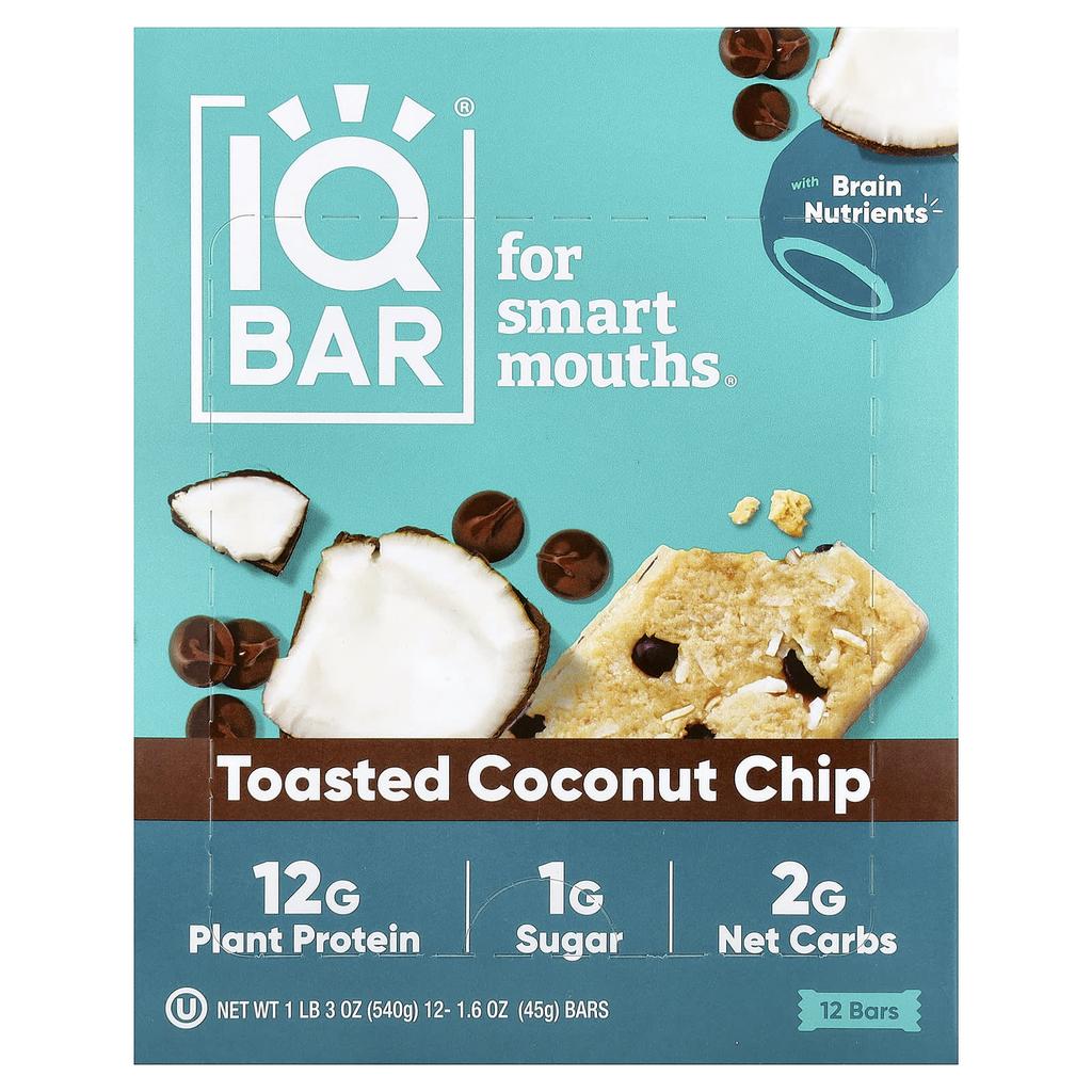 IQBAR Plant Protein Bar, Toasted Coconut Chips, 12 Bars, 45g (1.6oz) Each