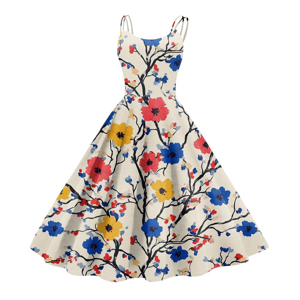Women's Casual Fashion Flower Print Sexy Off Shoulder Punk Retro Dress Retro Dress Dress