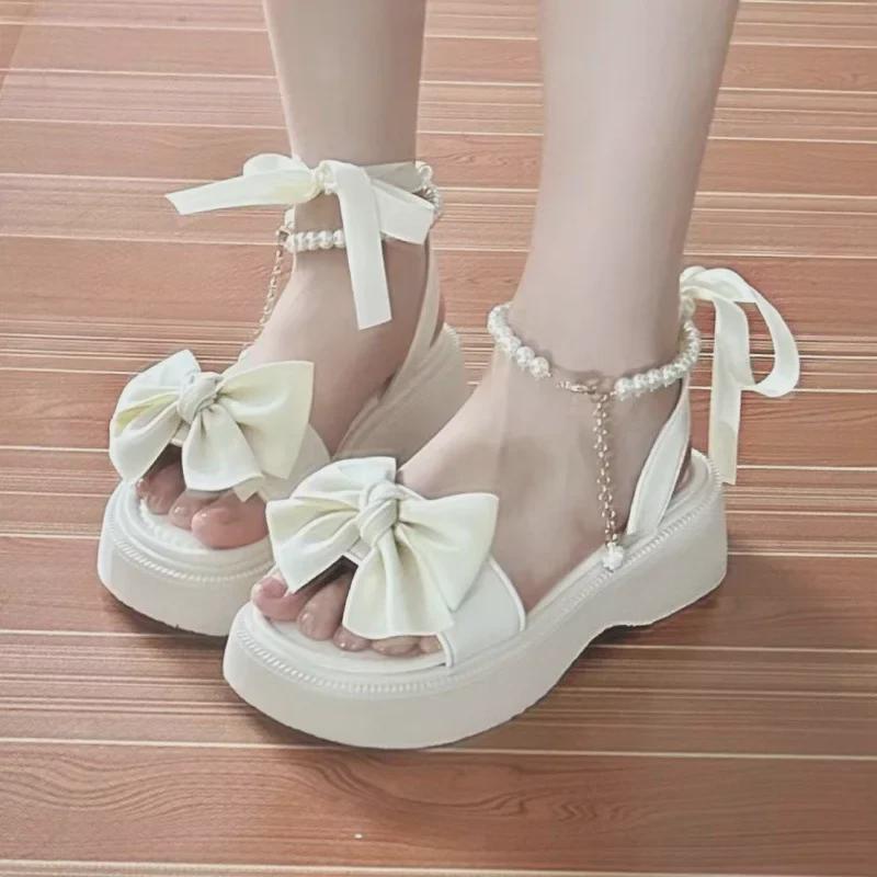 Women's 2024 Summer Fairy Style Platform Sandals with Bow, Thick Sole, Pearl Accent, and One-Strap Design