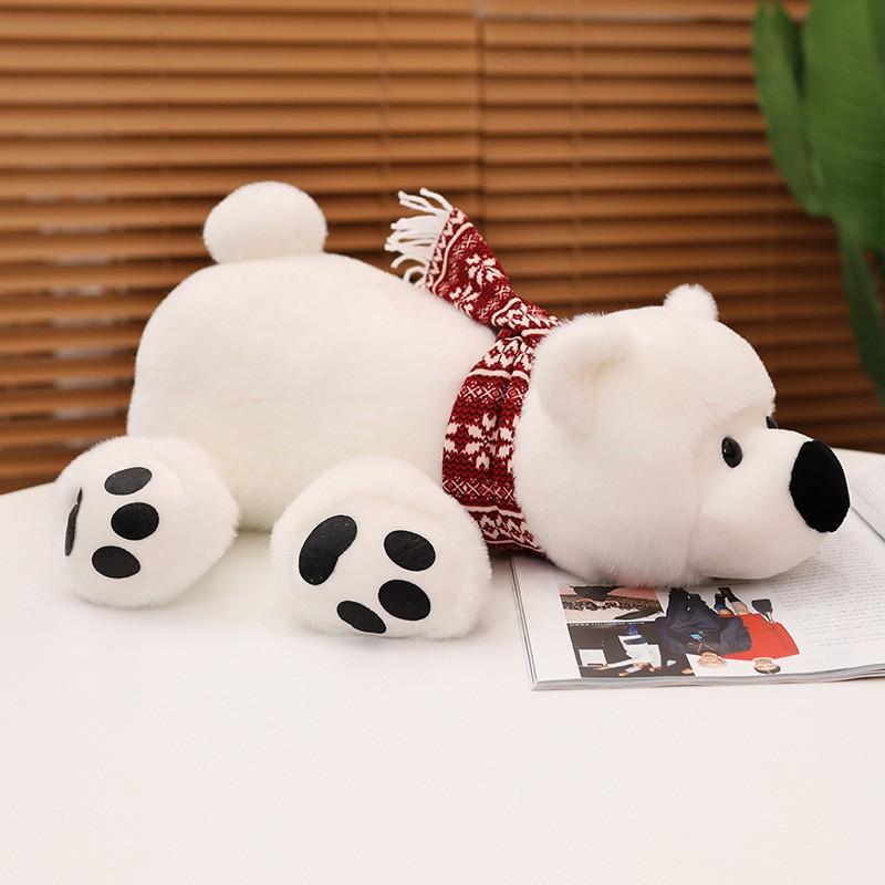Cartoon Big Nose Polar Bear Plush Toy, Cute Lying Down Stuffed Animal with Scarf, Soft White Bear Doll Gift