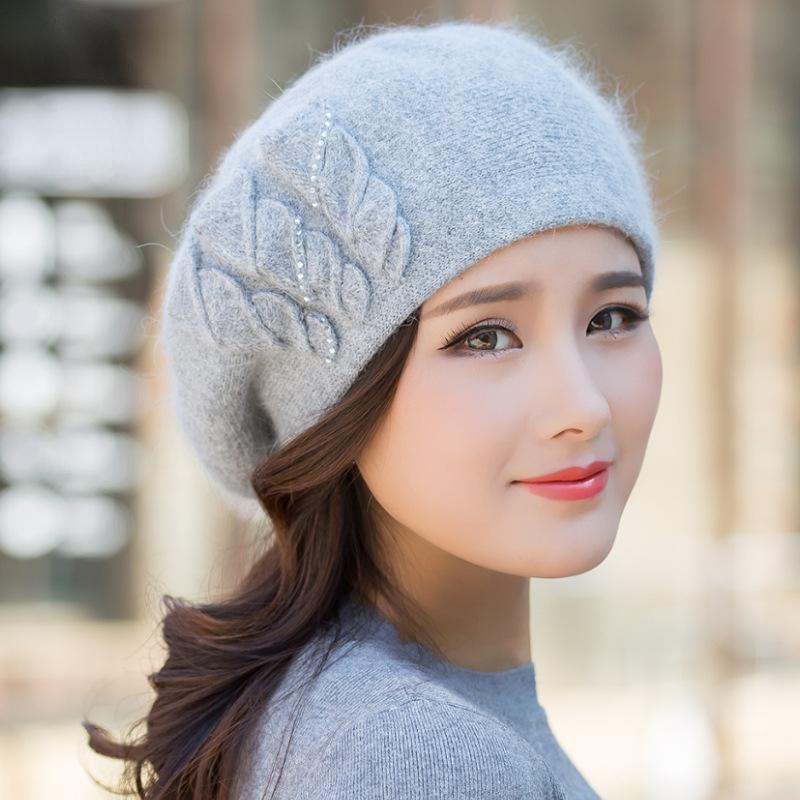 Осенне-зимняя шерстяная шапка, женская кепка, корейская элегантная модная теплая двухслойная тканая берет из кроличьей шерсти