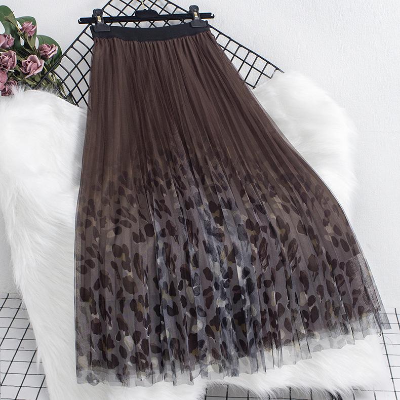 Women Autumn Winter Vintage Skirts Lady Leopard High Waist A-Line Mid-long Female Casual Slim Pleated Skirt