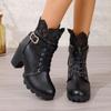 European and American High Heels and Short Boots 2024 New Spring and Autumn Lace Up Lace Up Large Single Shoes 35-42 Zapatos