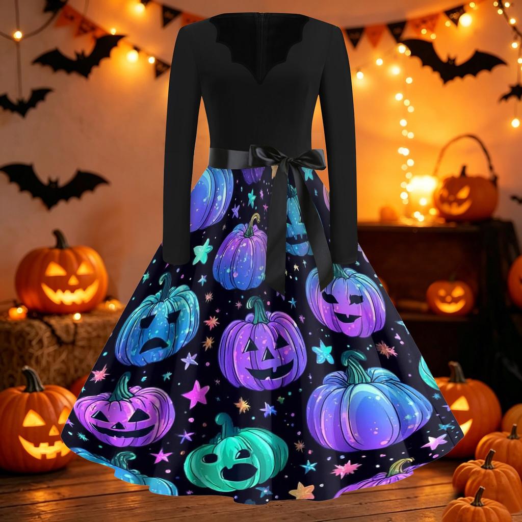 Women's Casual Halloween Print V Neck Vintage Style Dress Long Sleeve Fit and Flare Midi Dress with Waist Tie Belt