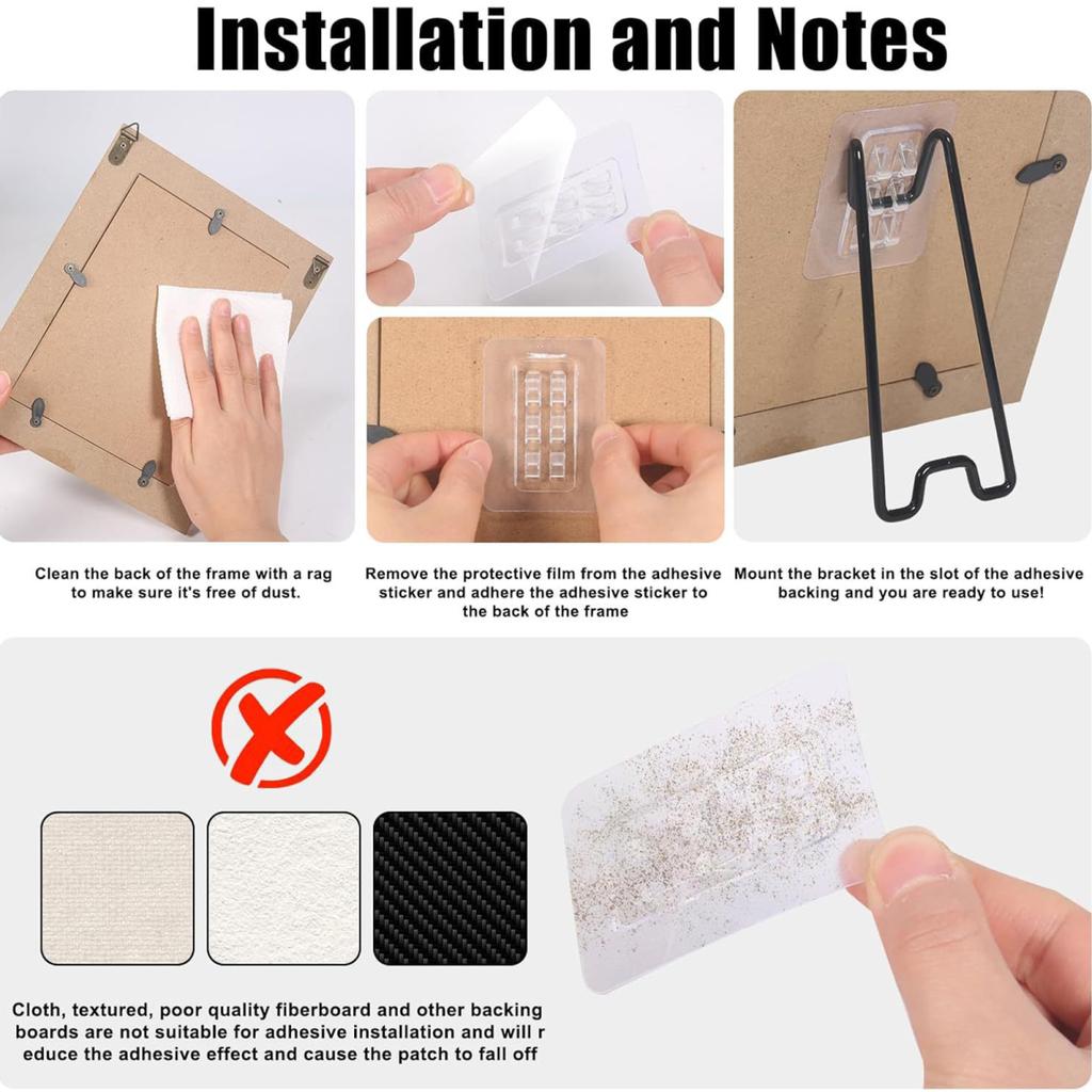 6 Pcs Photo Frame Bracket Metal Picture Frame Bracket Tabletop Photo Frame Support Stand with Self-Adhesive for 5.9-10.2 Inch Picture Frames
