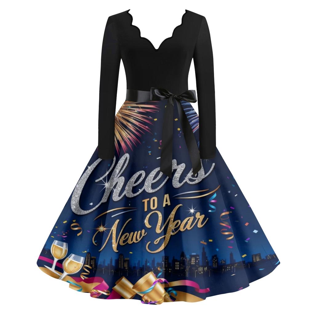 Женское повседневное модное платье винтажного стиля с V-образным вырезом и новогодним принтом