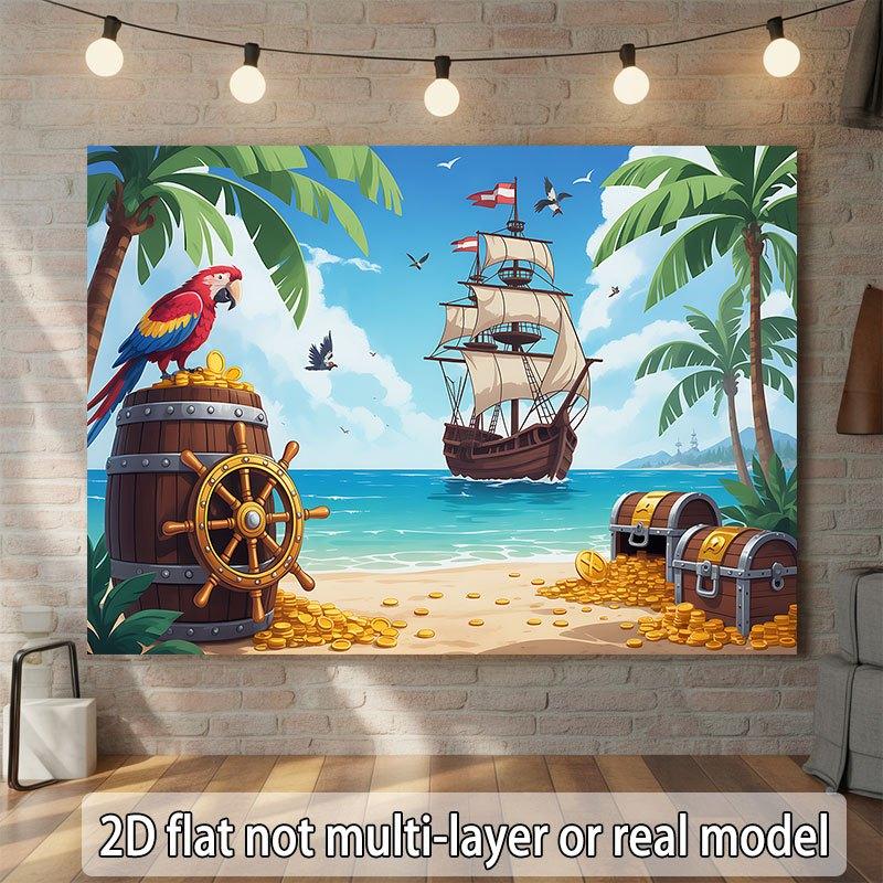 2D flat banner, 1 piece. Horizontal banner depicting a pirate parrot sitting on a treasure bucket, at a party.