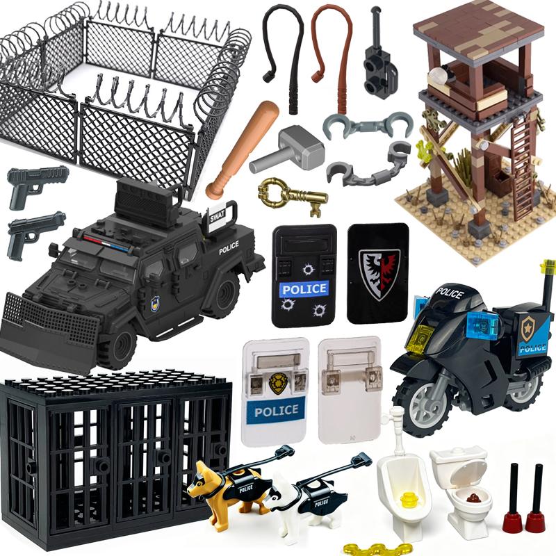 Конструктор MOC Сцена из тюрьмы Аксессуары Клетка Щит полиции Патрульный мотоцикл Дозорная башня Наручники Кирпичики Игрушка для мальчиков Сделай сам S14