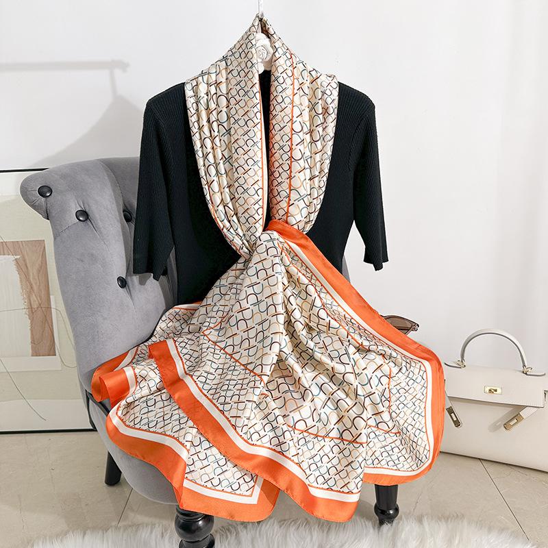 Elegant temperament printed silk scarf women's high-end beach sun protection new silk satin scarf summer thin air-conditioned room shawl