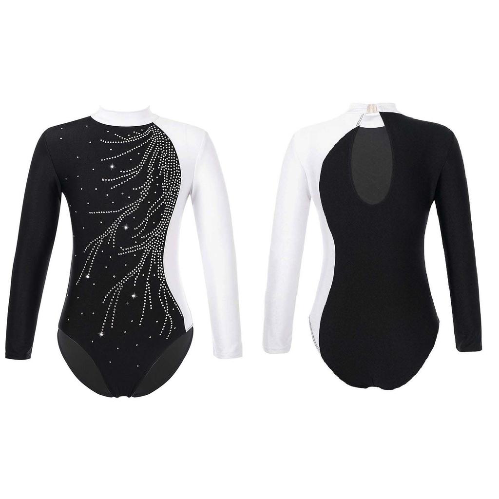 Танцевальные купальники для девочек, гимнастические наряды, блестящая детская цельная танцевальная одежда с длинными рукавами, украшенная бриллиантами