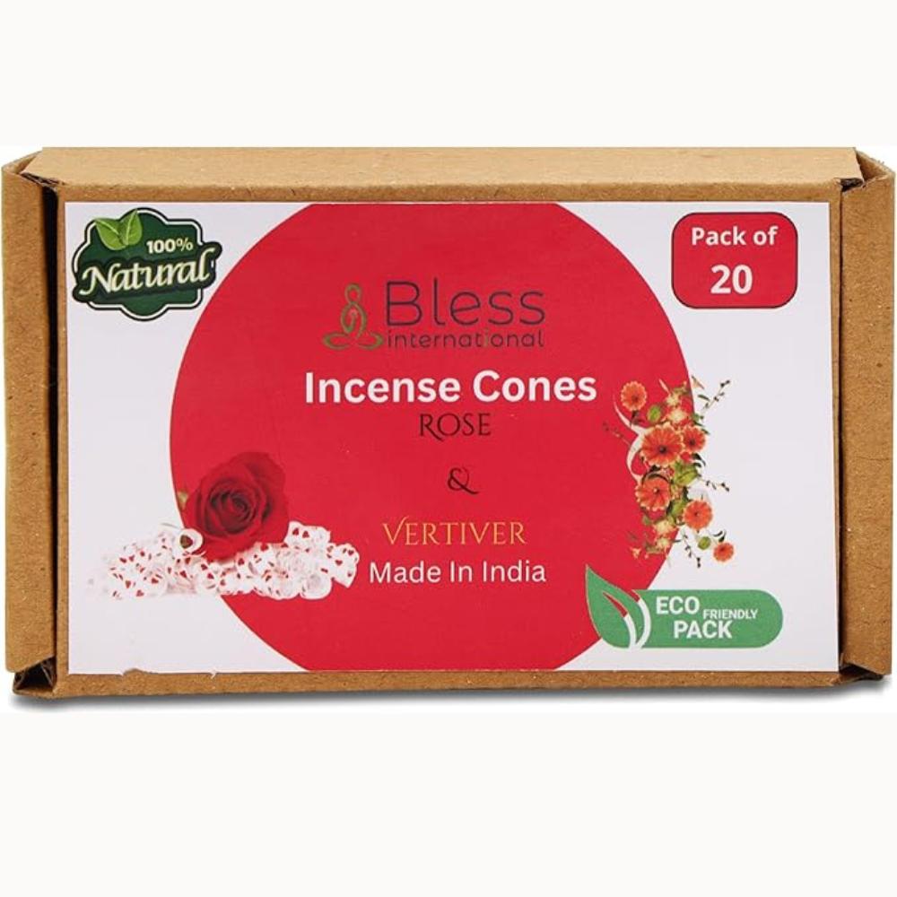 BLESS INTERNATIONAL Rose and Vertiver 100%-Natural-Incense-Cones Handmade-Hand-Dipped Organic-Chemicals-Free for-Purification-Relaxation