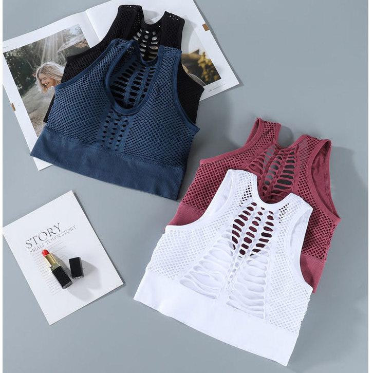 Бесшовный сетчатый спортивный бюстгальтер с перекрестными чашечками на спине и съемными чашками для йоги и бега