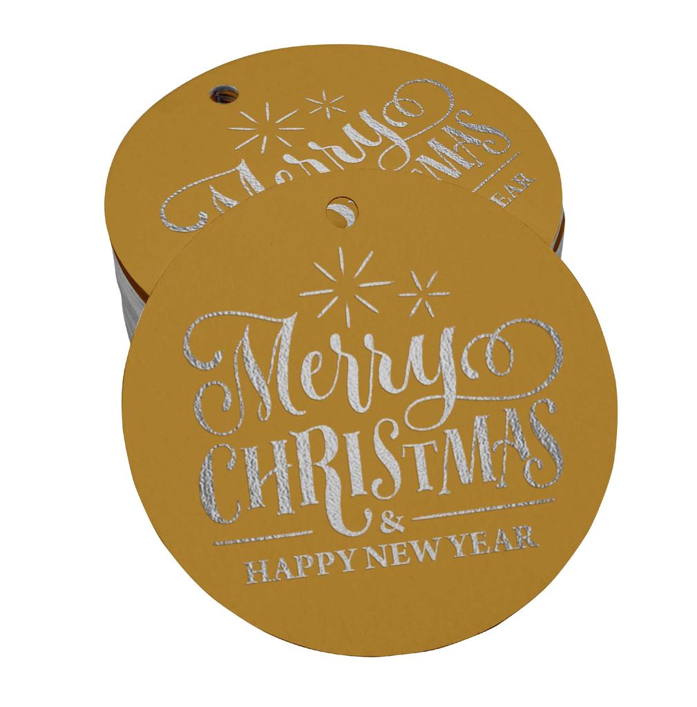 Inkdotpot Pack Of 100 Real Gold Foil Paper Tags Merry Christmas & Happy New Year Text Favor Hang