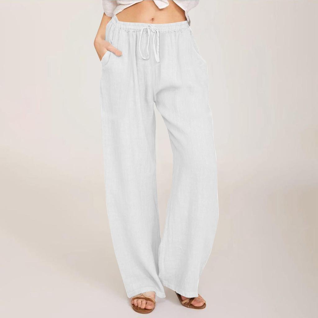 Женские летние свободные брюки из хлопка и льна с эластичным поясом и внешним карманом