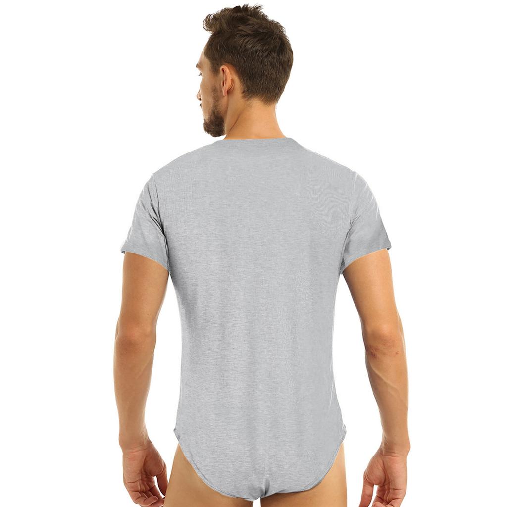 Mens One Piece Underwear Short Sleeve Press Crotch T-shirt Bodysuit Romper Pajamas Adult Playsuit