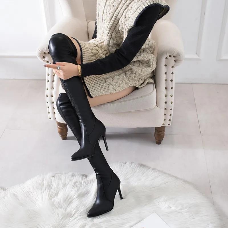 Fashion Knee-length Boots Women Spring Autumn Shoes Black Thin High Heels Sexy Pointed Toe Long Bota Feminina 10cm Heels Botas De Mujer