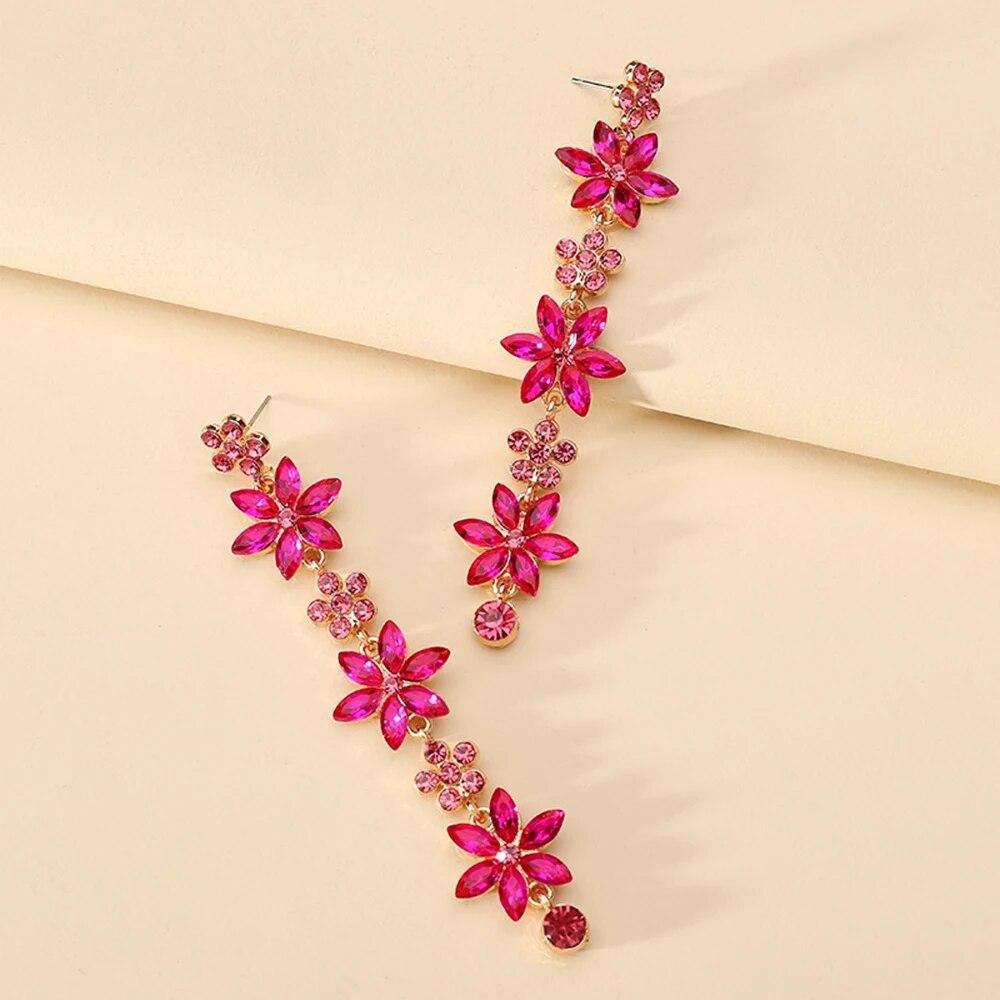 Elegant Fashion Shiny Glass Flower Female Romantic Charm Decor Bride Wedding Party Jewelry Trend Dangle Drop Earrings For Women