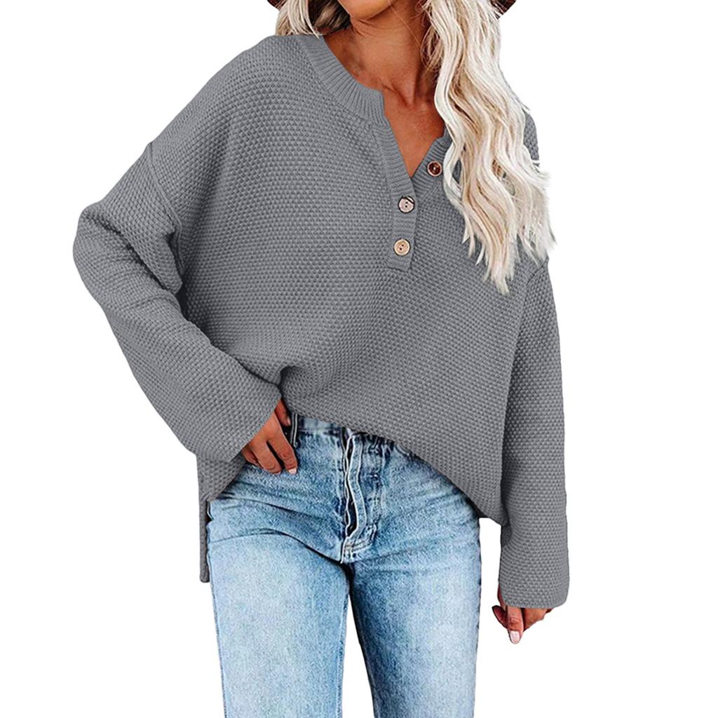 Женская мода, повседневный однотонный свободный вязаный пуловер с круглым вырезом и пуговицами, топ