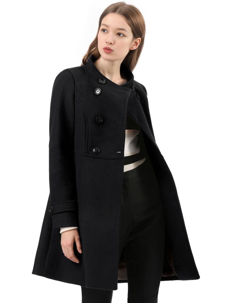 Allegra K Women's Lasha Coat, A-Line, Stand Collar, Double-Breasted, Long Sleeves, Cold Weather, Fall/Winter, Black, Size M