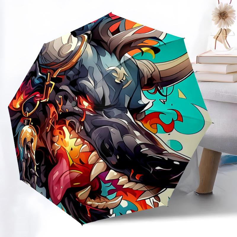 1pc Bull Flames Automatic Folding Umbrella - Design, Durable Iron Frame for Travel, Outdoor, Beach Fashion Accessory a0920031