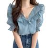 COLINY Прозрачная блузка с оборками, офисная одежда, топ с V-образным вырезом, женственная, весна/лето, (М, Синий)