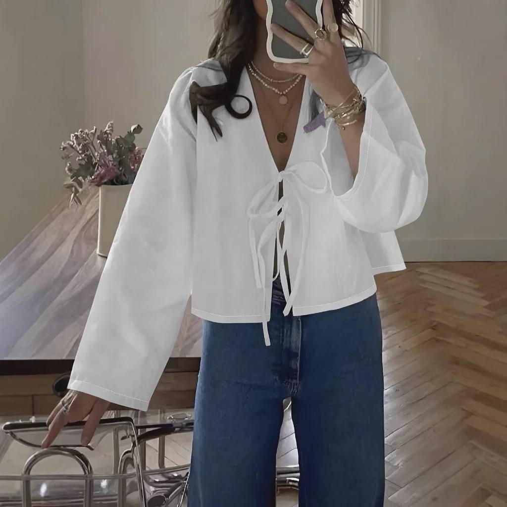 Женская рубашка Commuter Shirt с длинным рукавом, V-образным вырезом, шнуровкой, однотонная